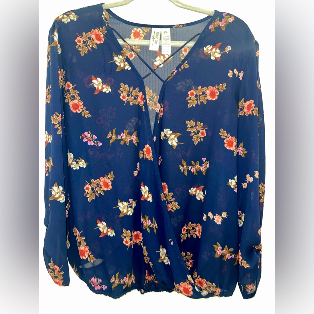 Midnight Sky Blue Floral Crisscross Blouse Top | Size XL